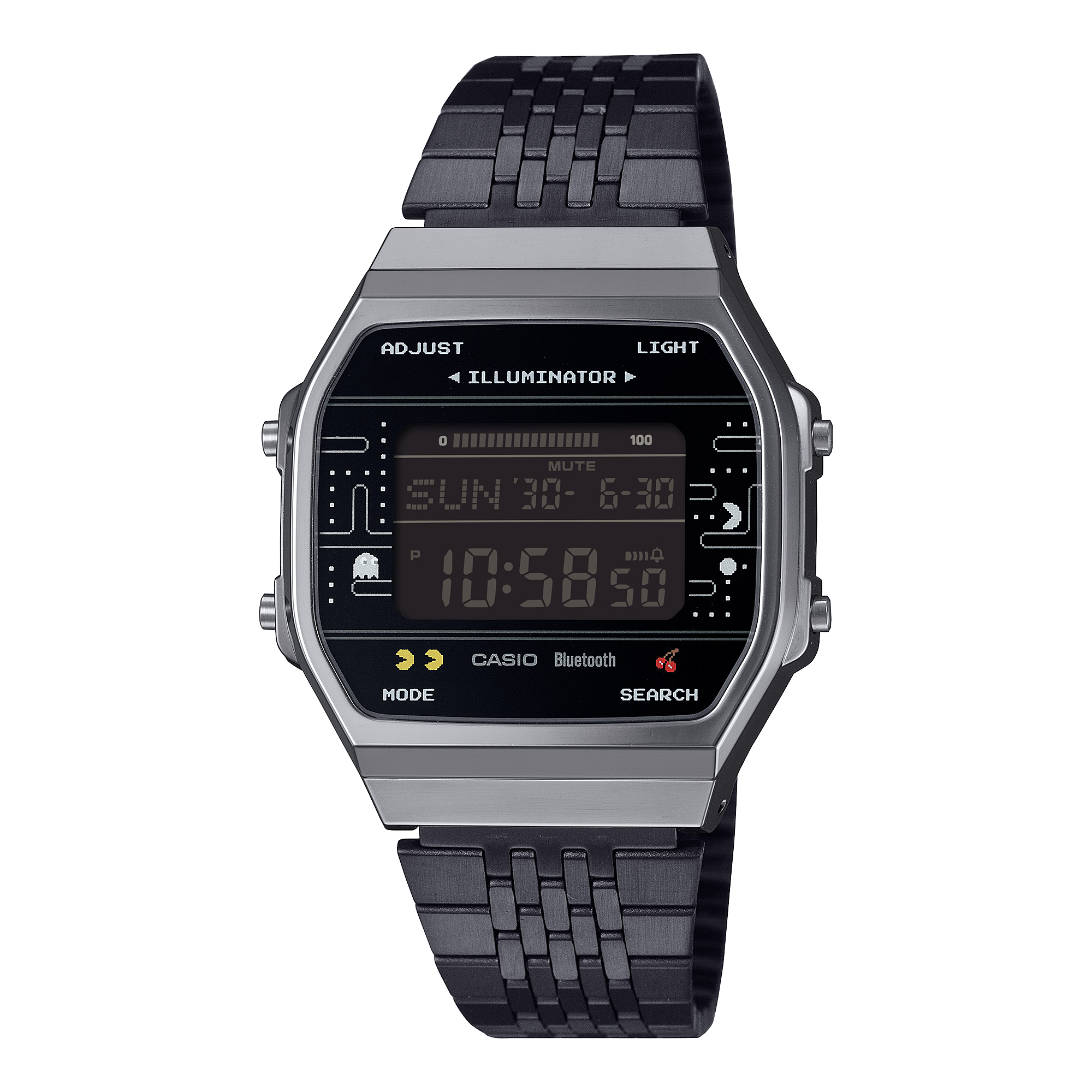 Casio horloge  "Pacman" met zwarte stalen band, Bluetooth met stappen teller, alarm, stopwatch, wereldtijden.