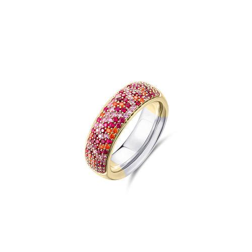 Gisser Zilver/vergulde ring met gekleurd zirkonia; roze/oranje/rood