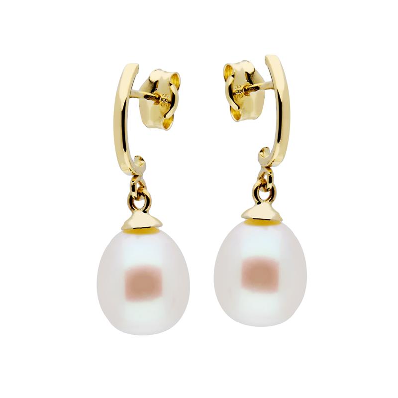 Huiscollectie geelgouden half oorring met parel 8mm. 206505400. Het zijn oorhangers voor dames gemaakt van goud. 