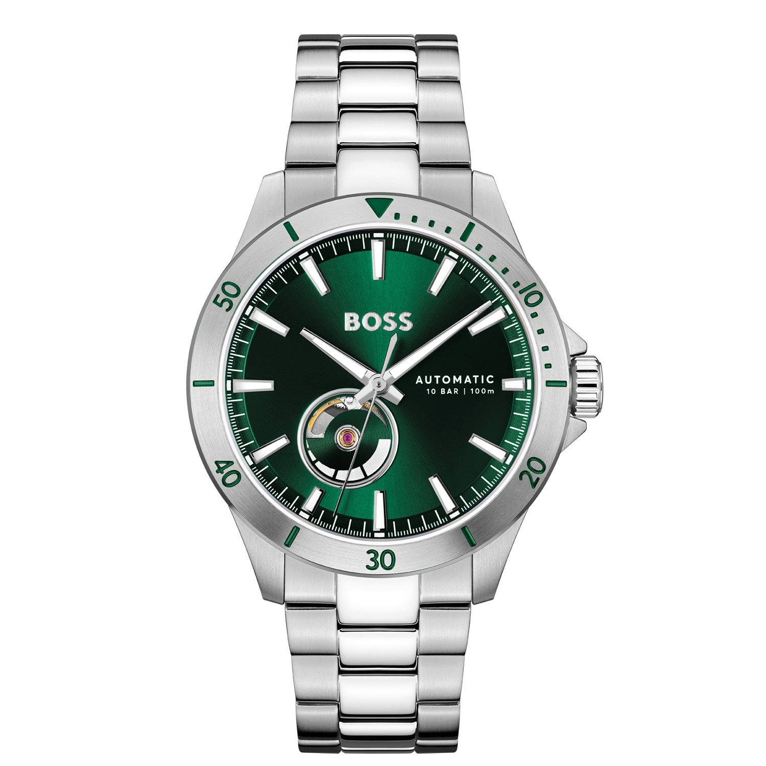 Dit BOSS horloge behoort tot de Troper collectie.
Referentienummer: HB1514200

Dit BOSS horloge heeft een luxe sportieve uitstraling. Zeer geschikt voor de moderne stijlvolle man van nu. Het herenhorloge valt op door zijn stalen kast met een bezel met tachymeter en een groene sunray wijzerplaat met een open uitsparing waarin je het uurwerk ziet bewegen evenals de onderkant van het horloge. Opvallend zijn de wijzers die met lumibrite zijn ingelegd. Aan de kast zit een stalen mat glanzende schakelband met vouwsluiting. Het horloge heeft een doorsnee van 42mm met een mineraalglas en is 10ATM. 
