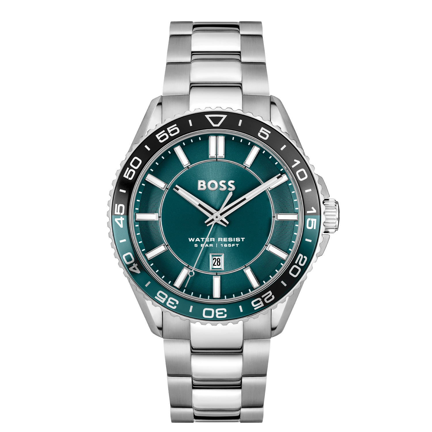 Dit BOSS horloge behoort tot de Runner 3H collectie. 
Referentienummer: HB1514208 

Dit BOSS horloge heeft een stoere sportieve uitstraling. Zeer geschikt voor de moderne stijlvolle man van nu. Het herenhorloge valt op door zijn stalen horlogekast met een gekleurde bedrukte bezel en een groenblauwe sunray wijzerplaat met een datum. Opvallend zijn de wijzers en uurstrepen die met lumibrite zijn ingelegd. Aan de kast zit een stalen mat glanzende schakelband met een vouwsluiting. Het horloge heeft een doorsnee van 43mm met een mineraalglas en is 5ATM. 
