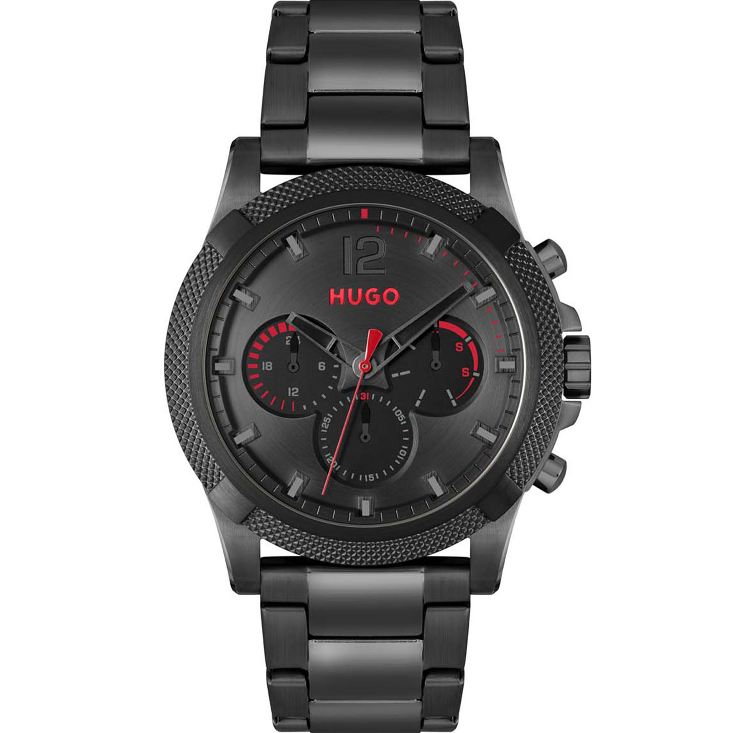 HUGO HU1530296 #IMPRESS FOR HIM 46mm 
Dit HUGO horloge uit de Impress for him serie met artikelnr. HU1530296 is ontworpen voor de man die niets te verbergen heeft, volledig zichzelf is in zijn eigen unieke stijl. Het herenhorloge kenmerkt zich door zijn zwarte stalen horlogekast met en zwarte gekartelde bezel. Het ontwerp valt op door zijn casual vorm, tijd voor weekend! Opvallend zijn de rode wijzer en accenten op de zwarte wijzerplaat. Aan de kast zit een zwarte stalen schakelband met vouwsluiting. Het stoer ogende herenhorloge heeft een mineraalglas, een doorsnee van 46mm en is 3 ATM.

HET MERK:
HUGO BOSS is afgestemd op levensstijlen waar het gaat om kwaliteit en precisie. Het wereldwijde fashionlabel is verdeeld in twee merken: BOSS en HUGO. Het merk HUGO presenteert eigentijdse en vooruitstrevende designs volgens de laatste fashion trends waarmee mensen worden gestimuleerd om zichzelf te zijn. Scherp maatwerk en casual horloges gecombineerd met een progressieve attitude. HUGO horloges zijn er voor de urban en ruimdenkende man die de leiding durft te nemen. De enige regel van de HUGO-man als het om stijl gaat: zijn authentieke zelf en niets anders.

Maak kennis met de nieuwe horlogecollectie van HUGO.

SPECIFICATIES:
- Mineraalglas
- Ronde kastvorm, Ø 46mm
- Zwarte horlogekast
- Zwarte wijzerplaat
- Zwarte stalenband
- 3 ATM