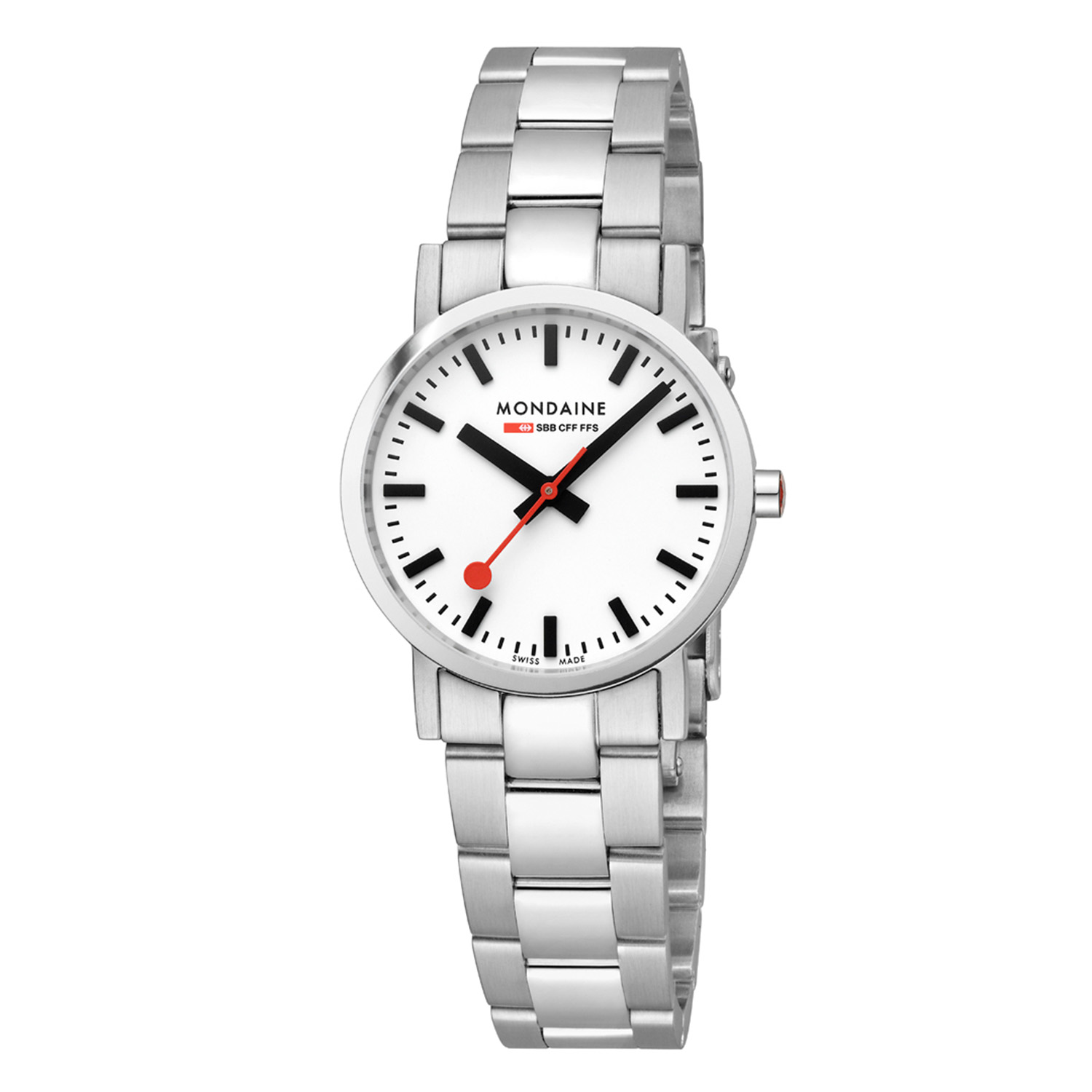 Mondaine Classic Staal 30mm
Dit design horloge uit de Mondaine Classic serie heeft een geborsteld horlogekastje van 30mm met een witte wijzerplaat met een duidelijke zwarte uursaanduiding. Aan het ronde horlogekastje zit een mat glanzende stalen schakelband met een vouwsluiting. Het horloge heeft vlak krasvast saffierglas en is 5ATM. Het Swiss Railway horloge heeft een zwitsers precisie quarts uurwerk. Opvallend is de rode secondewijzer. Maak een statement met dit verfijnde en klassieke uurwerk!

HET MERK
The Official Swiss Railway Watch. Gebaseerd op de officiële stationsklok van de Zwitserse spoorwegen, is 30 jaar geleden de horlogelijn onder het merk Mondaine opgezet. Zwitserse kwaliteitsuurwerken, net zo punctueel als de Zwitserse treinen. Een echte design klassieker met een unieke wijzerplaat, en de wereldberoemde rode secondewijzer met bolletje. Herkenbaar uit duizenden. De Stop2Go is het paradepaardje van Mondaine. De Zwitserse spoorwegen (SBB) staan bekend om hun punctualiteit en dit is te danken aan het principe van het uurwerk: door 58 seconden iets te snel te lopen en 2 seconden stil te staan op de 12, kan iedere Zwitserse trein exact op het hele uur vertrekken. Terwijl de secondewijzer stilstaat, springt de minutenwijzer een streepje verder. De dubbele aandrijving die dit principe mogelijk maakt, vergt meer energie dan andere uurwerken. Daarom is de Stop2Go, die net zo werkt als de stationsklok, uitgerust met een extra sterke batterij die twee jaar mee gaat.

SPECIFICATIES  
- Classic serie
- Vlak ontspiegeld krasvast saffierglas
- Strakke ronde kastvorm, Ø 30mm
- RVS horlogekast 
- Witte wijzerplaat van de originele stationsklok
- Stalen schakelband
- 5ATM