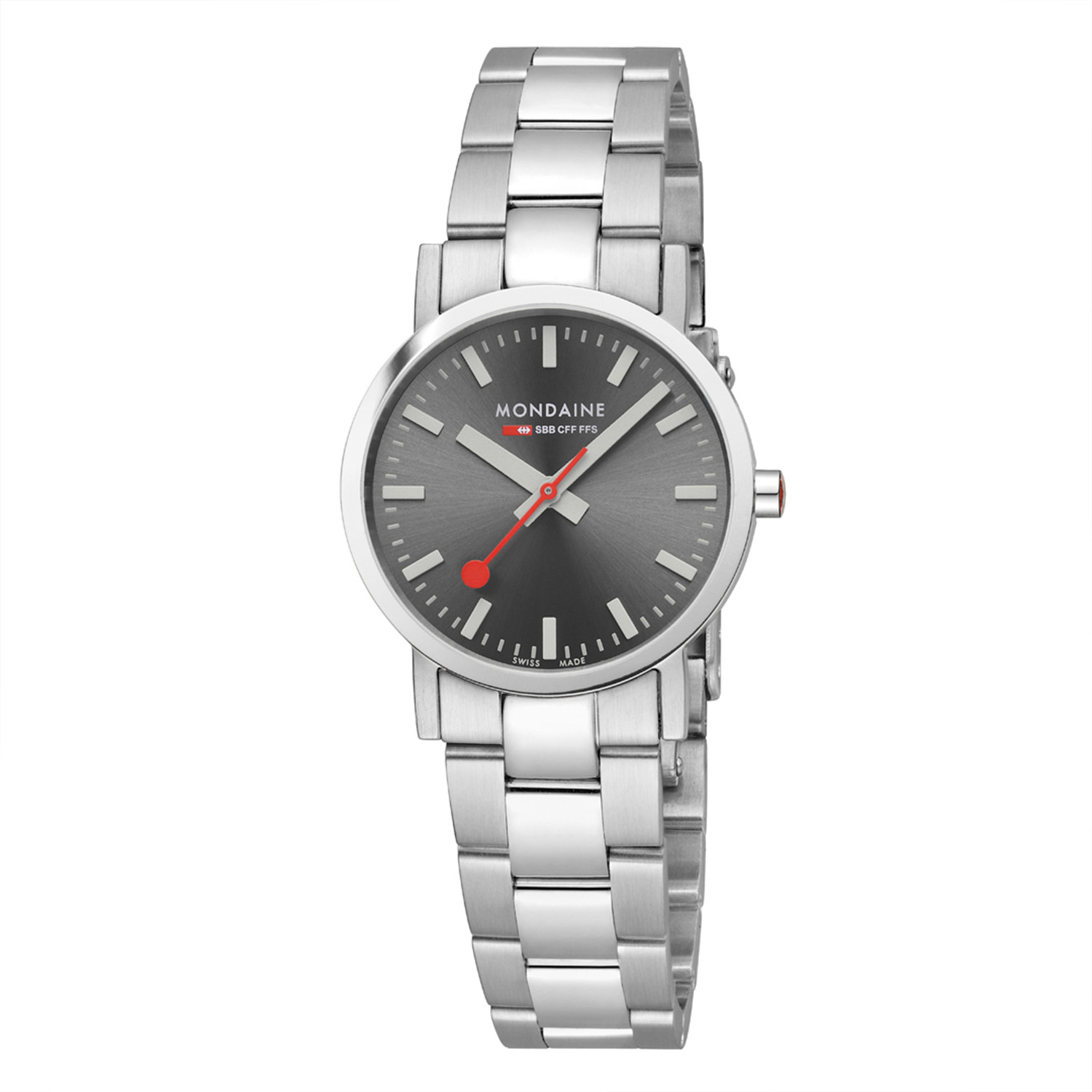 Mondaine M658.30323.80SBJ Classic Staal 30mm
Dit design horloge uit de Mondaine Classic serie heeft een geborsteld horlogekastje van 30mm met een grijze sunray geborstelde wijzerplaat met een witte uursaanduiding. Aan het ronde horlogekastje zit een mat glanzende stalen schakelband met een vouwsluiting. Het horloge heeft vlak krasvast saffierglas en is 5ATM. Het Swiss Railway horloge heeft een zwitsers precisie quarts uurwerk. Opvallend is de rode secondewijzer. Maak een statement met dit verfijnde en klassieke uurwerk!

HET MERK
The Official Swiss Railway Watch. Gebaseerd op de officiële stationsklok van de Zwitserse spoorwegen, is 30 jaar geleden de horlogelijn onder het merk Mondaine opgezet. Zwitserse kwaliteitsuurwerken, net zo punctueel als de Zwitserse treinen. Een echte design klassieker met een unieke wijzerplaat, en de wereldberoemde rode secondewijzer met bolletje. Herkenbaar uit duizenden. De Stop2Go is het paradepaardje van Mondaine. De Zwitserse spoorwegen (SBB) staan bekend om hun punctualiteit en dit is te danken aan het principe van het uurwerk: door 58 seconden iets te snel te lopen en 2 seconden stil te staan op de 12, kan iedere Zwitserse trein exact op het hele uur vertrekken. Terwijl de secondewijzer stilstaat, springt de minutenwijzer een streepje verder. De dubbele aandrijving die dit principe mogelijk maakt, vergt meer energie dan andere uurwerken. Daarom is de Stop2Go, die net zo werkt als de stationsklok, uitgerust met een extra sterke batterij die twee jaar mee gaat.

SPECIFICATIES  
- Classic serie
- Vlak ontspiegeld krasvast saffierglas
- Strakke ronde kastvorm, Ø 30mm
- RVS horlogekast 
- Grijze sunray wijzerplaat 
- Stalen schakelband
- 5ATM