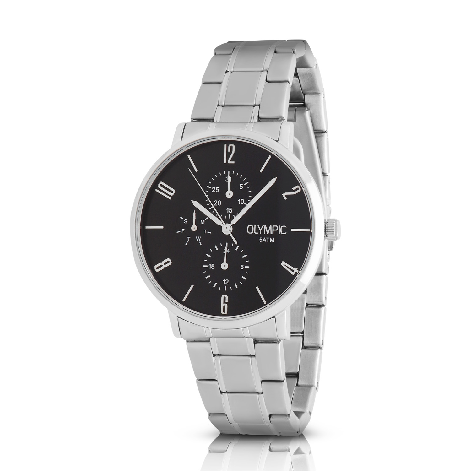 Olympic OL89HSS076 Tobias Horloge Heren Staal 40mm 
Dit unieke Olympic horloge met artikelnummer: OL89HSS076 is een heren horloge met een nette uitstraling. De stalen kast heeft een gladde bezel en een zwarte wijzerplaat met een dag,- datum,- en 24-uursaanduiding. De uursaanduiding is verfijnd met zilverkleurige strepen en enkele cijfers. Dit geeft het horloge een chique uiterlijk. Aan de stalen kast zit een stalen schakelband met een vouwsluiting. Het horloge heeft een mineraalglas, een doorsnee van 40mm en is 5ATM.
