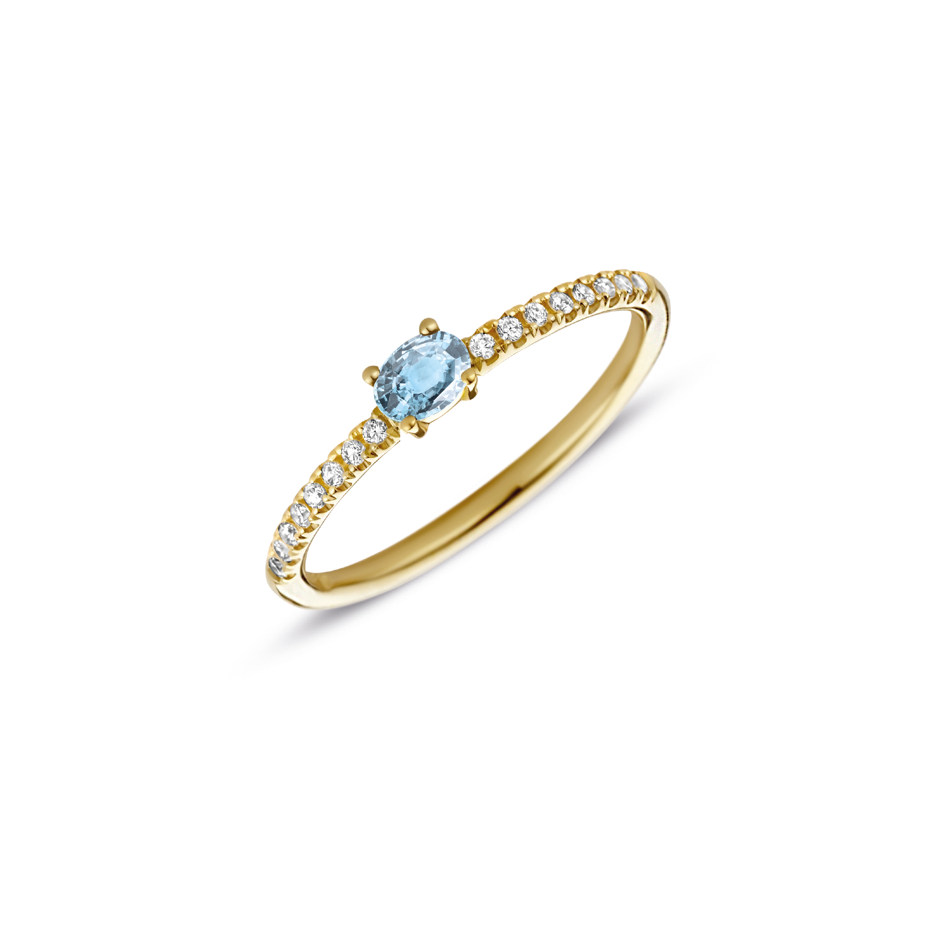 
Ring Brilliantly Oval AQ DI 14kts goud met aquamarijn, met briljant 16/0.12ct pikée/wesselton