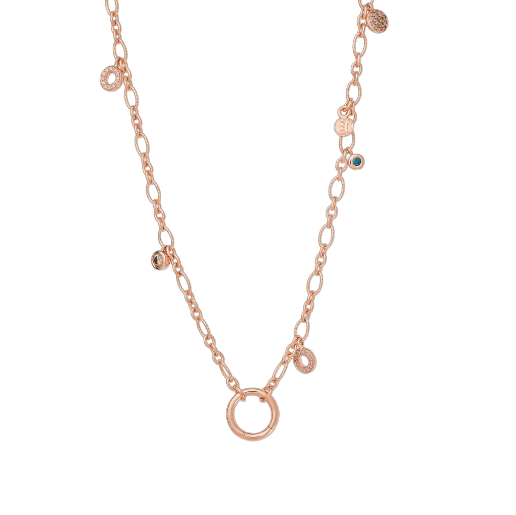 Sprinkle Joy collier van bewerkte schakels met mini hangertjes met witte en champagne diamant; aan de ringsluiting kan een hanger bevestigd worden.