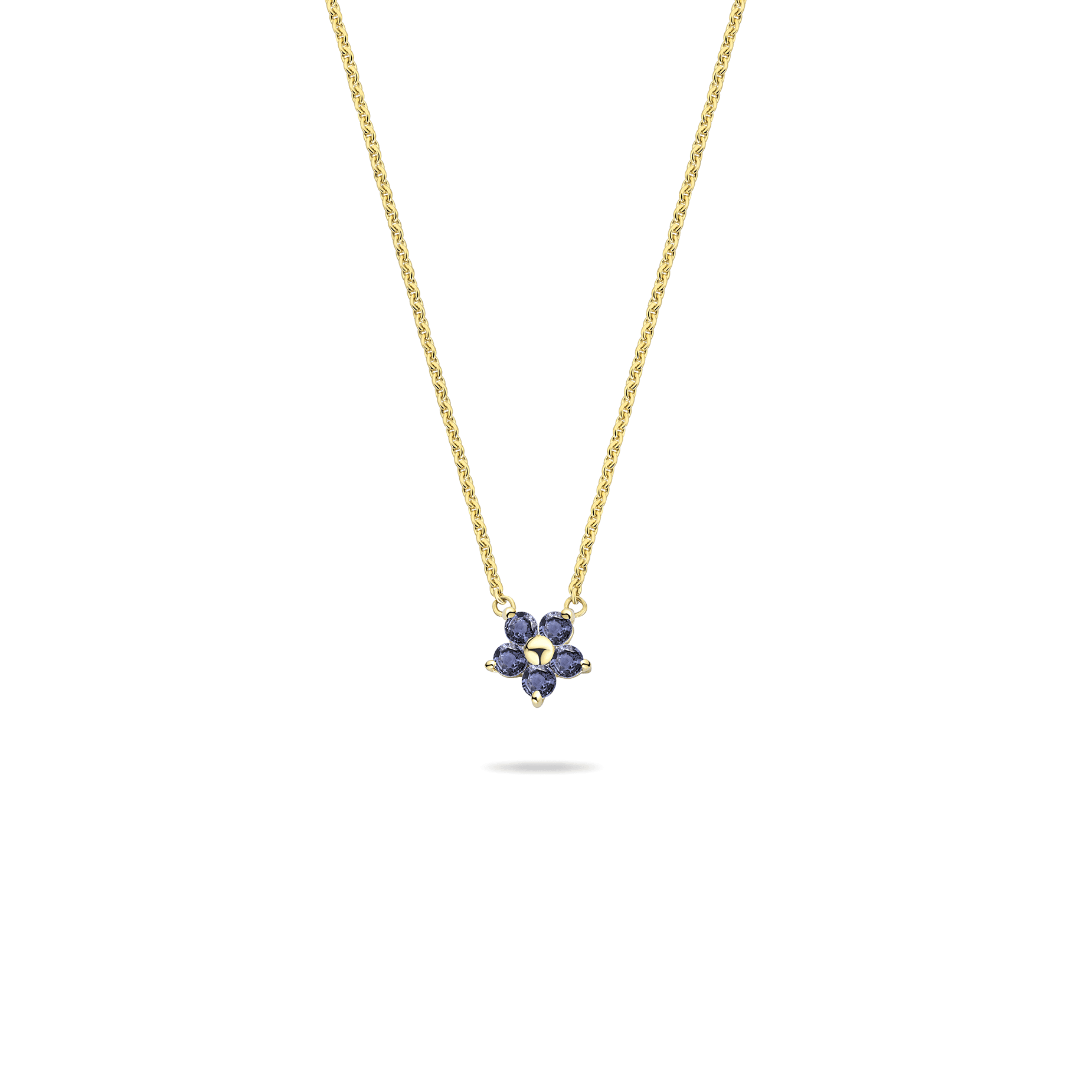 Collier In Full Bloom Blue River 14kts goud met 5 intens blauwe saffiertjes