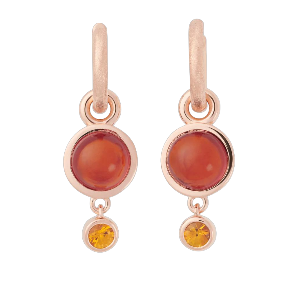 Vrolijke Sushi aanhangers met hessoniet cabochon en een bengelend oranje saffiertje. Feestje! Oorringen en hangers worden los verkocht.