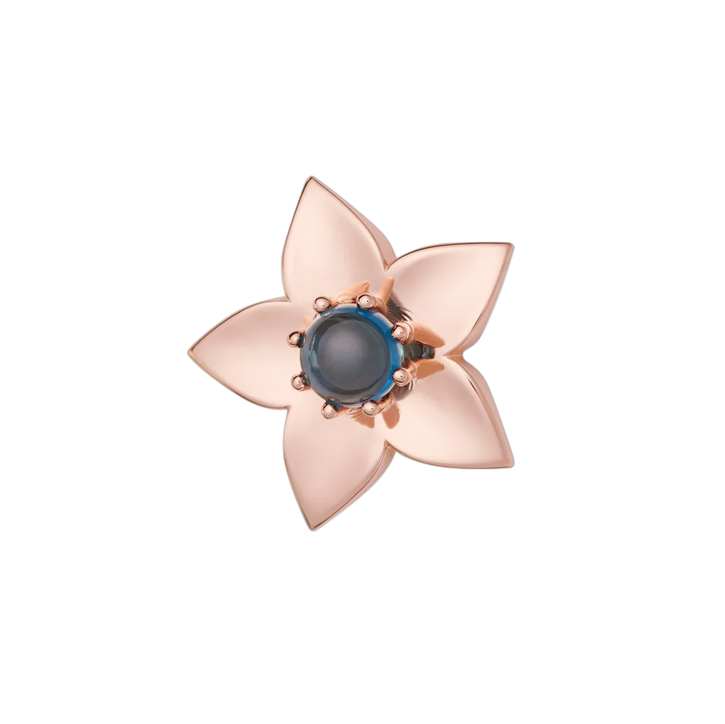 Poppy broche met cabochon geslepen London blue topaas.
Klein maar met maximaal effect. Bloemetje met vijf roségouden blaadjes en hartje van London topaas... J'adore!

