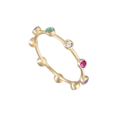 Een 18 krt geelgouden ring Antonio Bernardo model Arco Iris. Met blauwe saffier, robijn, smaragd, citrien, amethist, topaas, peridot, oranje saffier en toermalijn.