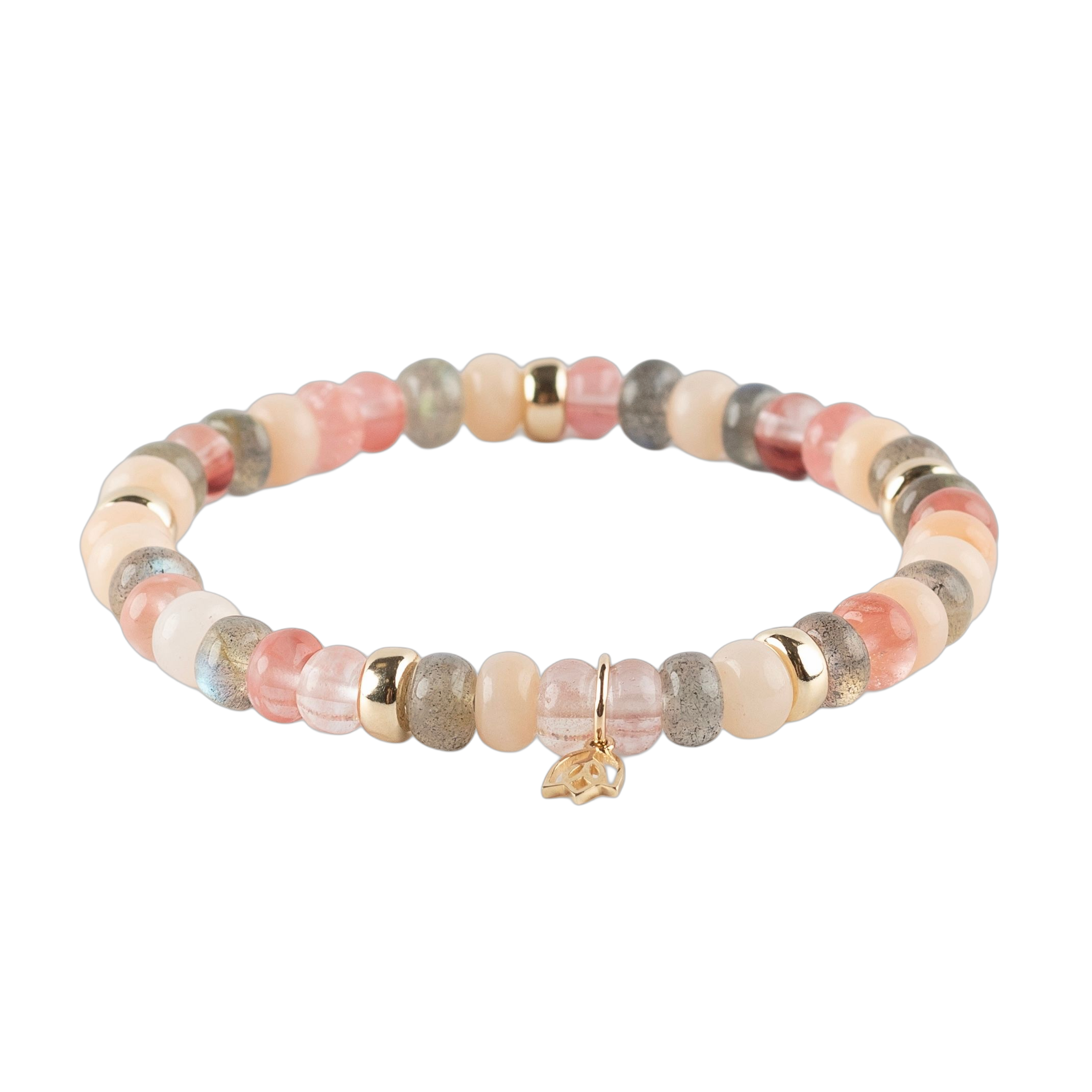 Y&G Edelsteen armband met labradorite, rose kwarts en aventurin edelstenen (6x4mm kralen) en Vijf 14 krt gouden beads & tulp logo.
Onze armbanden hebben een luxe uitstraling, zijn perfect om solo te dragen, maar je kunt ze uiteraard ook combineren.