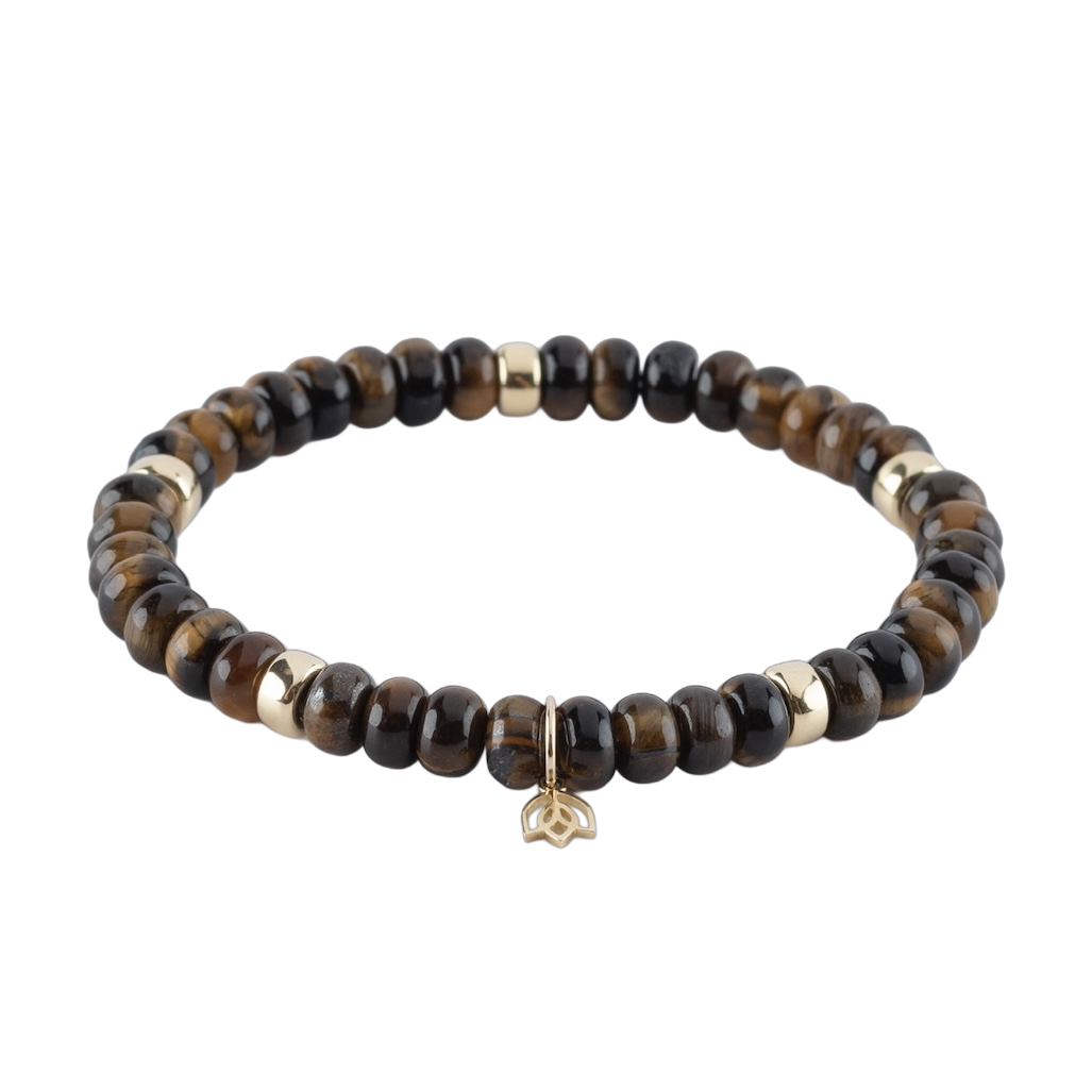 Y&G Edelsteen armband met tijgeroog
Edelstenen armband (6x4mm kralen) en Vijf 14 krt gouden beads & tulp logo.