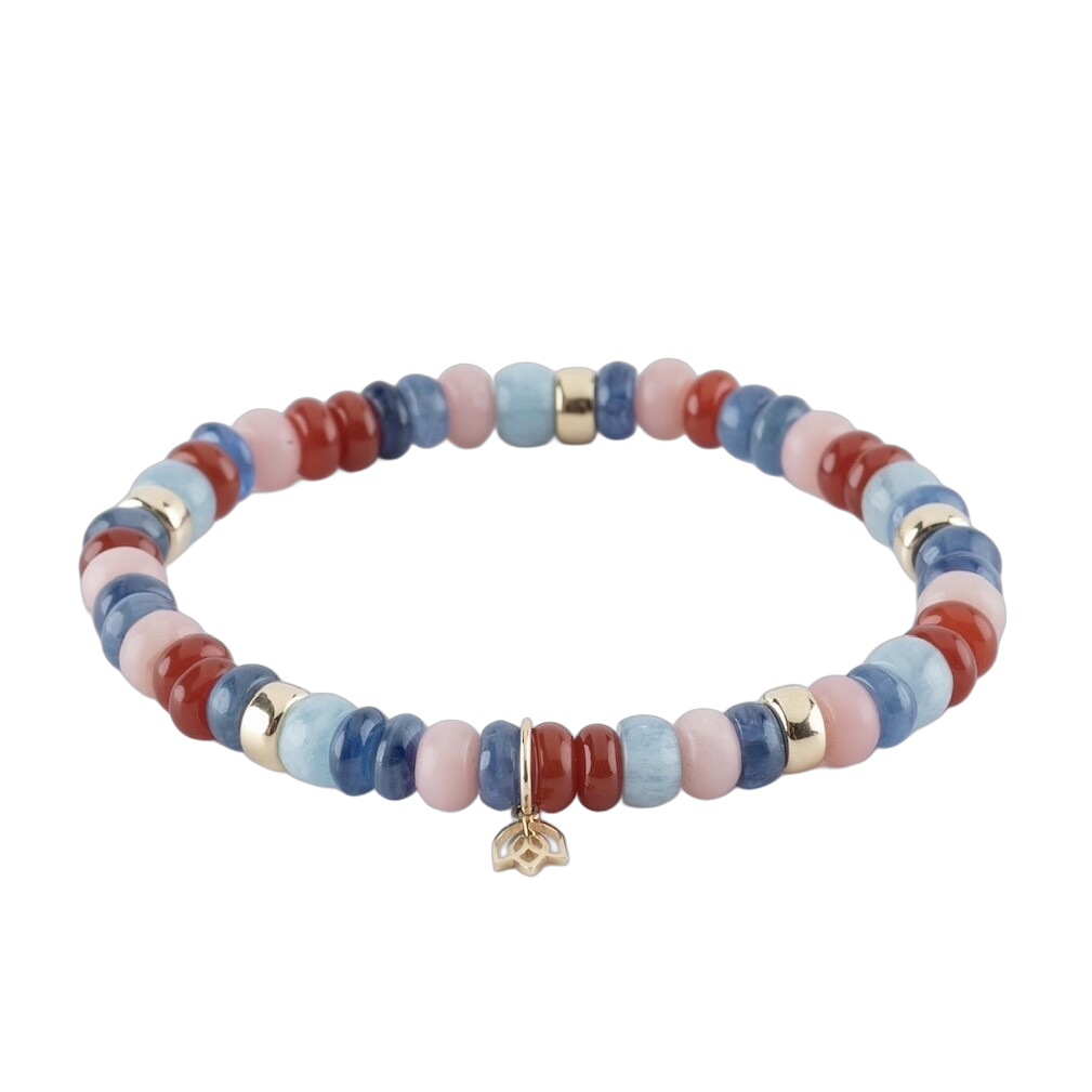 Y&G Edelsteen armband met aqaumarijn, agaat, kyaniet, rodochrosite
Edelstenen armband (6x4mm kralen) en Vijf 14 krt gouden beads & tulp logo.