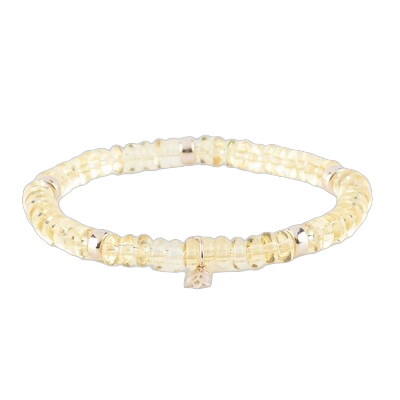 Y&G Edelsteen armband met  citrien.
Edelstenen armband (6x4mm kralen) en Vijf 14 krt gouden beads & tulp logo.