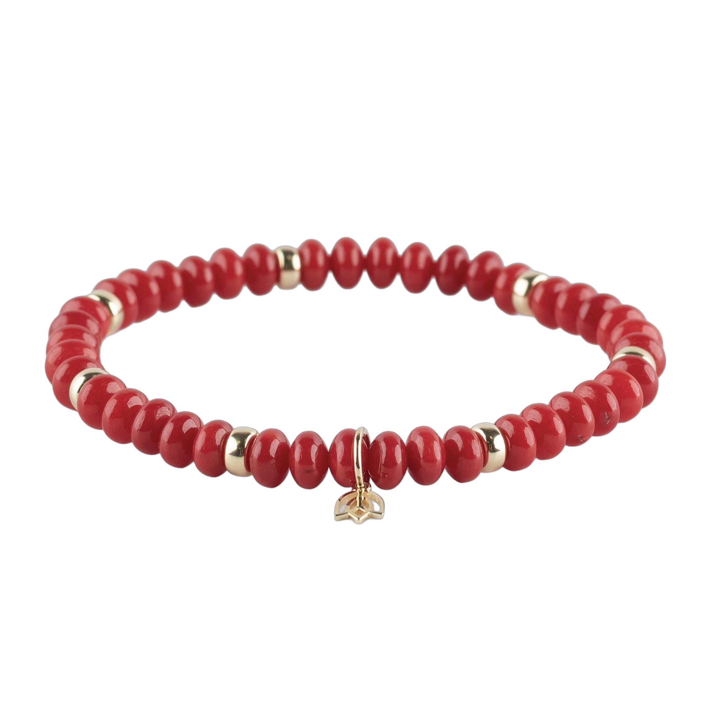 Y&G Edelsteen armband met rood koraal
Edelstenen armband (6x4mm kralen) en Vijf 14 krt gouden beads & tulp logo.