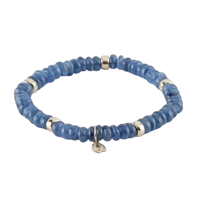 Y&G Edelsteen armband met kyaniet.
Edelstenen armband (6x4mm kralen) en Vijf 14 krt gouden beads & tulp logo.