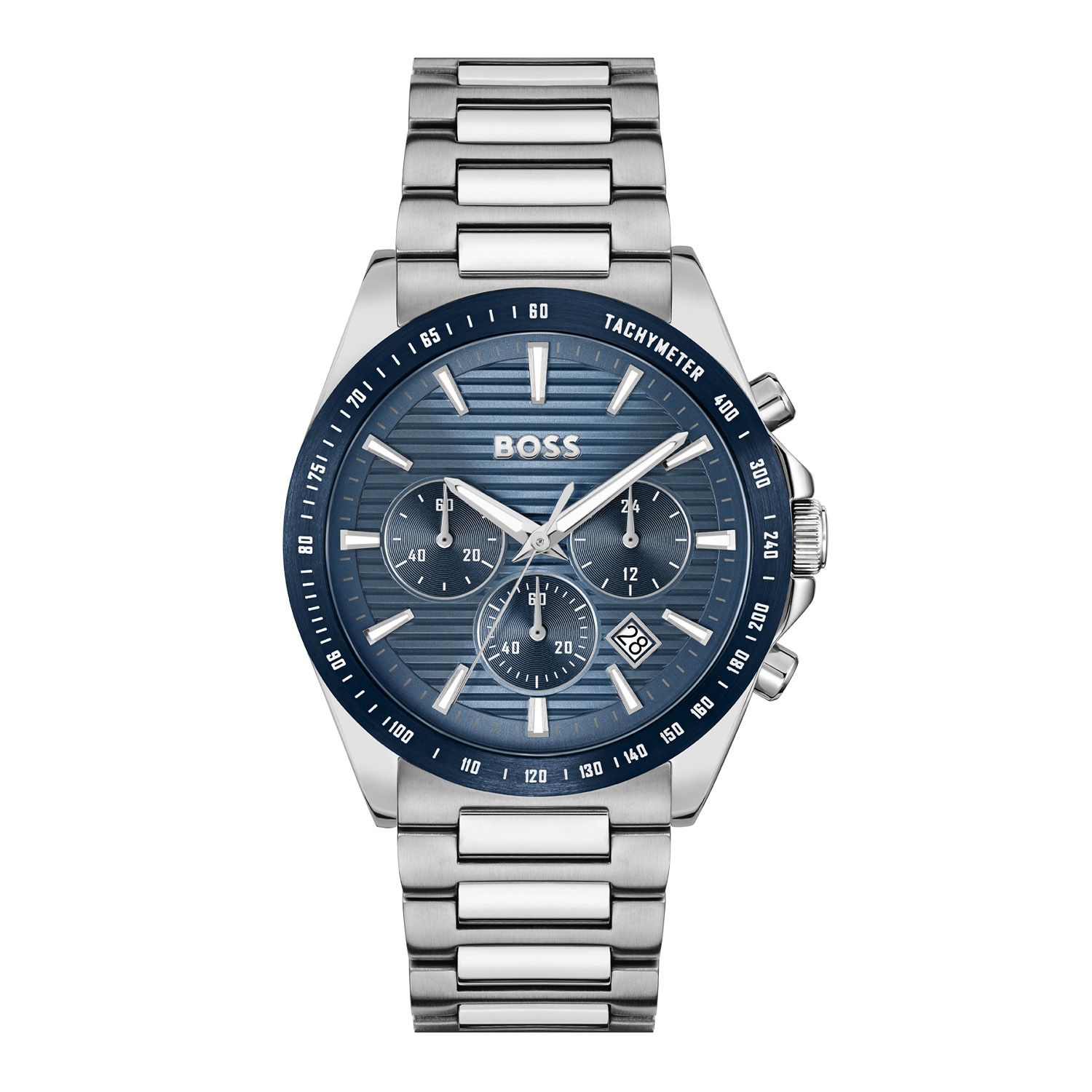 Dit BOSS by Hugo Boss STRIKE CHRONO Horloge heeft een stalen bracelet, zwart ionische Tachymeter lunette en een blauw gelamelleerde wijzerplaat.  