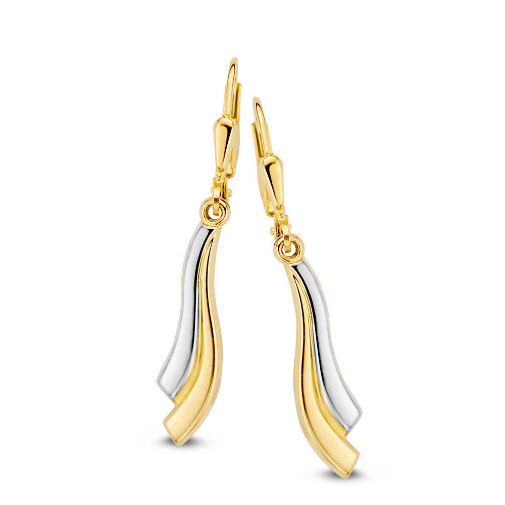 OB405564. Ecellent bicolor gouden oorhangers met een slagje. 

