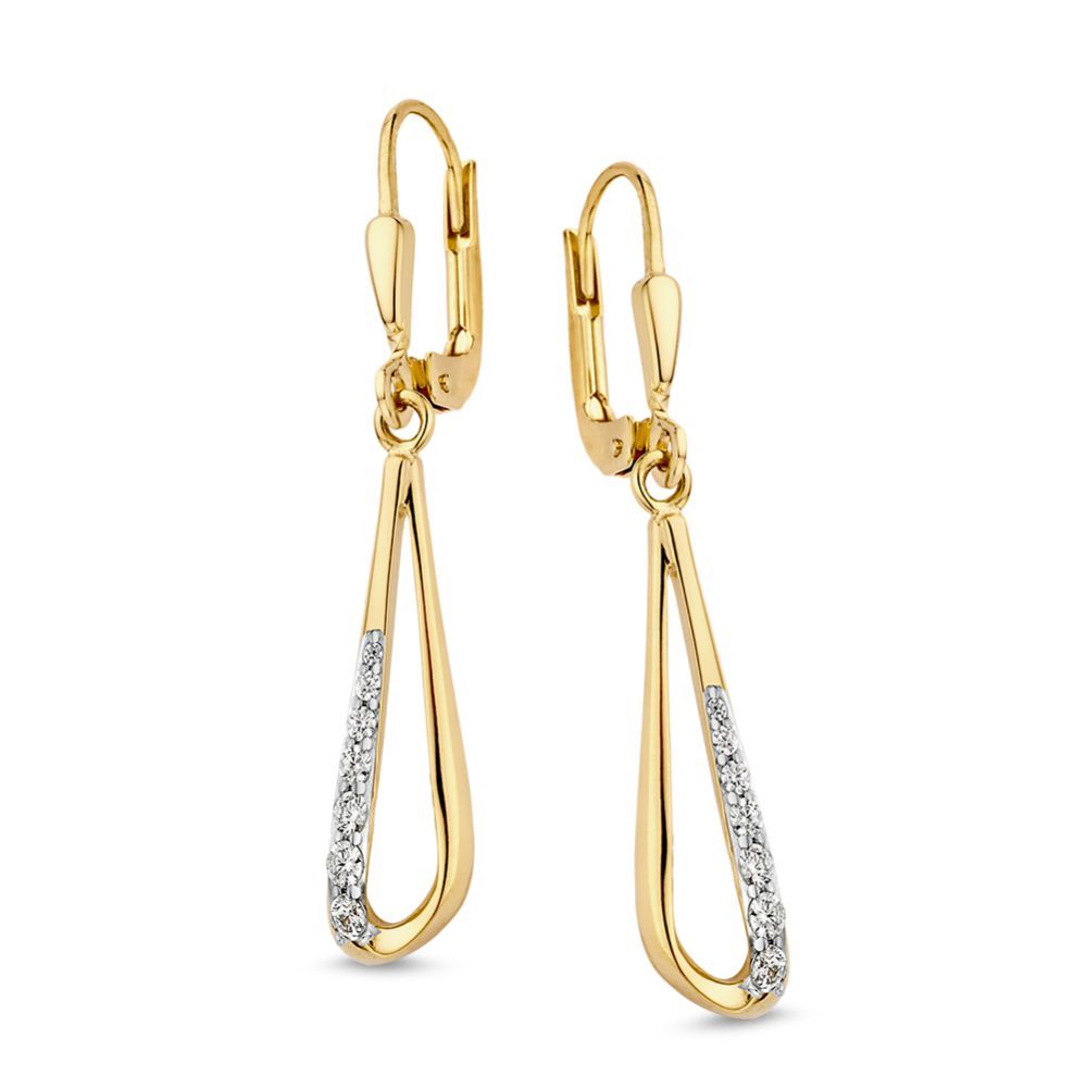 OB127547. Geelgouden oorhangers gezet met zirkonia's.
