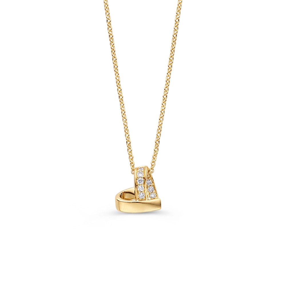 Verfijnd collier met een opvallende hanger in hartvorm, gezet met diamant.
