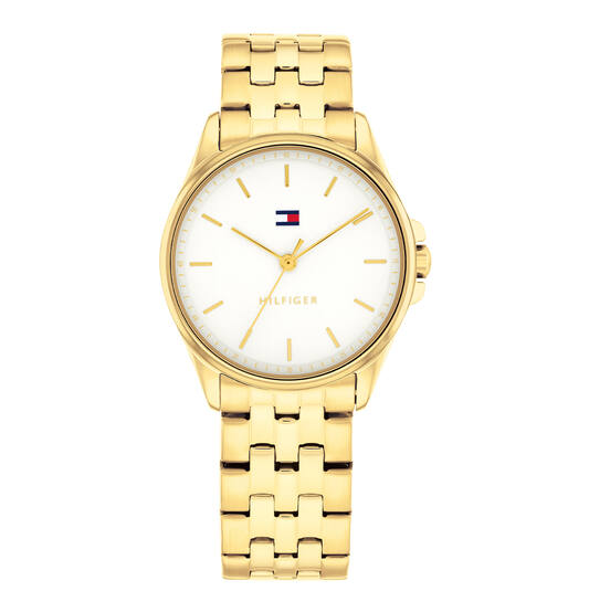 Dit Tommy Hilfiger horloge behoort tot de Jade collectie.
Referentienummer: TH1782773

Dit Tommy Hilfiger horloge biedt een verfijnde uitstraling en elegante stijl. Dit dameshorloge heeft een witte wijzerplaat met goudkleurige strepen als index, waardoor het een moderne en minimalistische uitstraling krijgt. De ronde kast, met een diameter van 30 mm, is gemaakt van staal met een goudkleurige pvd-coating. Combineer dit Tommy Hilfiger horloge met zowel formele als informele outfits voor een complete en elegante look.