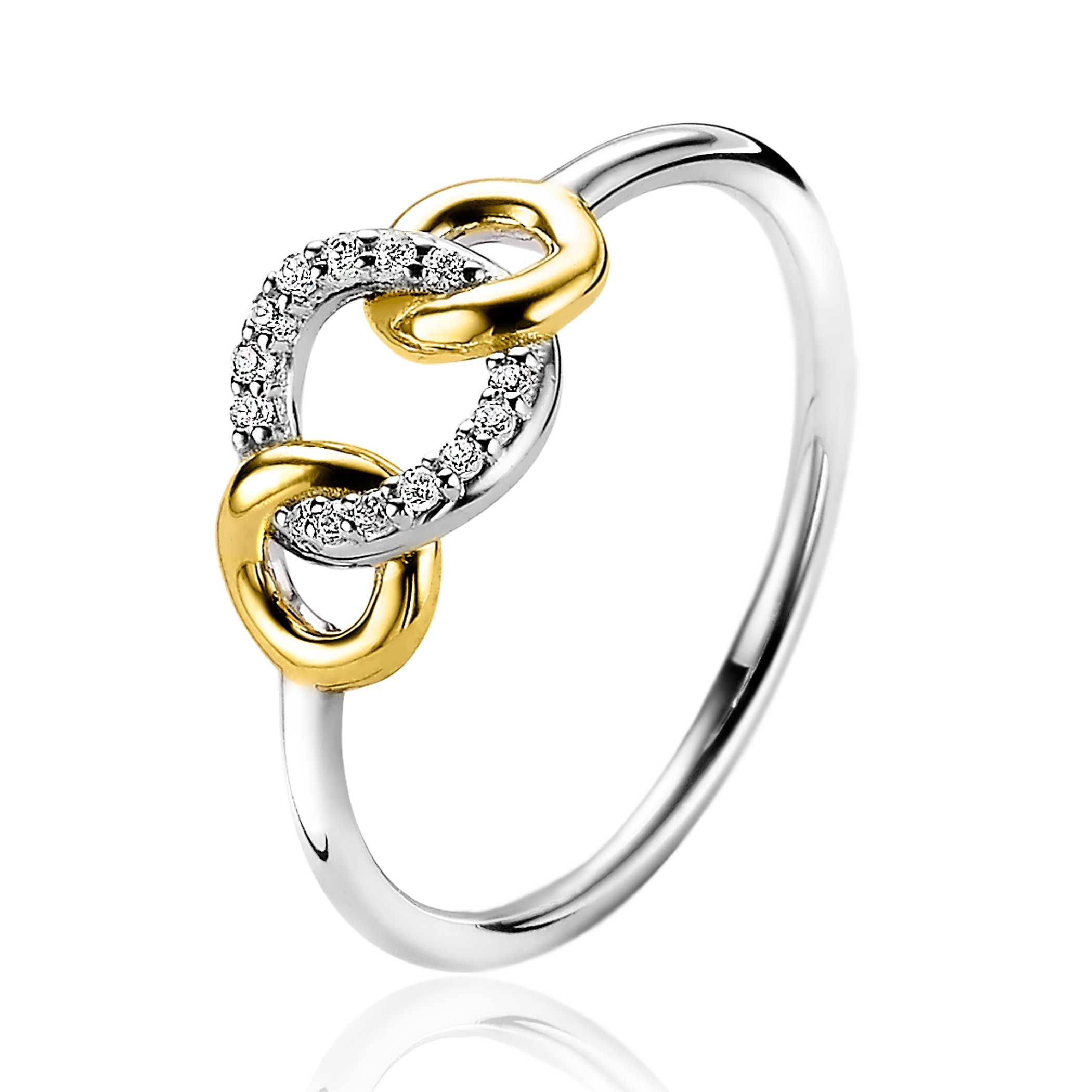 Zinzi zilveren vergulde ring met cirkels en zirkonia stenen. 