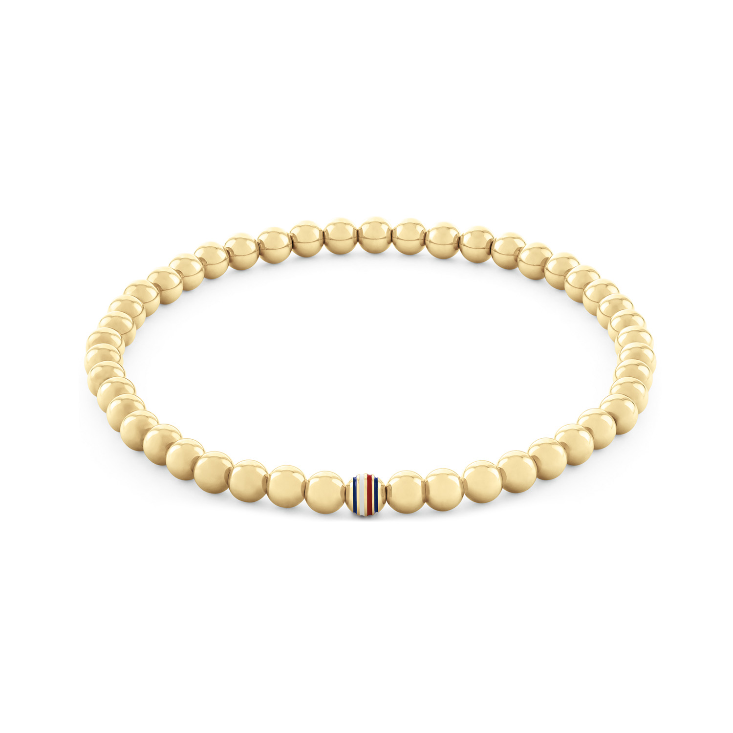 Tommy Hilfiger Jewels TJ2780938 Armband Dames Staal 16,5cm
Deze armband van Tommy Hilfiger uit de jewelry serie METAL BEADS met nr: TJ2780938is een opvallend model. De dames armband is van elastiek met daarop goudkleurige stalen balletjes van 4mm geregen. Op 1 van de balletjes zit  het gekleurde Tommy logo. De armband is geschikt voor een pols van ong. 16,5cm. Door het elastiek is hij rekbaar. Ook leuk te combineren met andere armbanden en sieraden van Tommy Hilfiger.

Het merk:
Tommy Hilfiger is wereldwijd één van de grootste designer lifestyle merken en is internationaal bekend om haar classic American cool stijl. De sieraden zijn voor dames en heren met een eigen stijl, die niet bang zijn om dit aan de wereld te laten zien.

Specificaties:
- Kralen armband goudkleurig
- Materiaal: Staal
- Rekbare lengte 16,5cm
- Dames sieraad