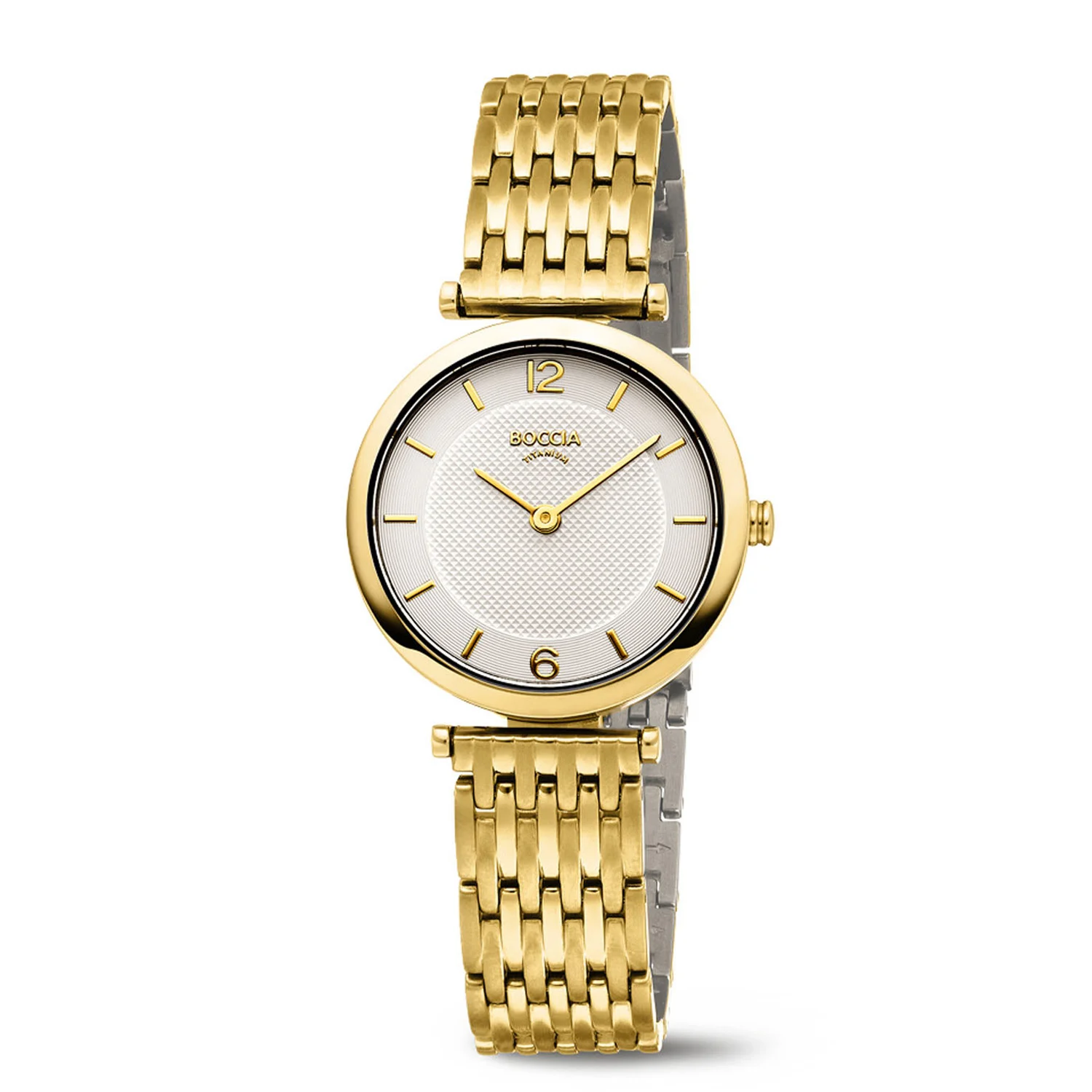 De 3362-04 heeft een ronde goudkleurige titanium horlogekast met een diameter van 30mm met een witte wijzerplaat met een goudkleurige uursaanduiding. Aan de titanium kast zit een goudkleurige schakelband met een vouwsluiting.