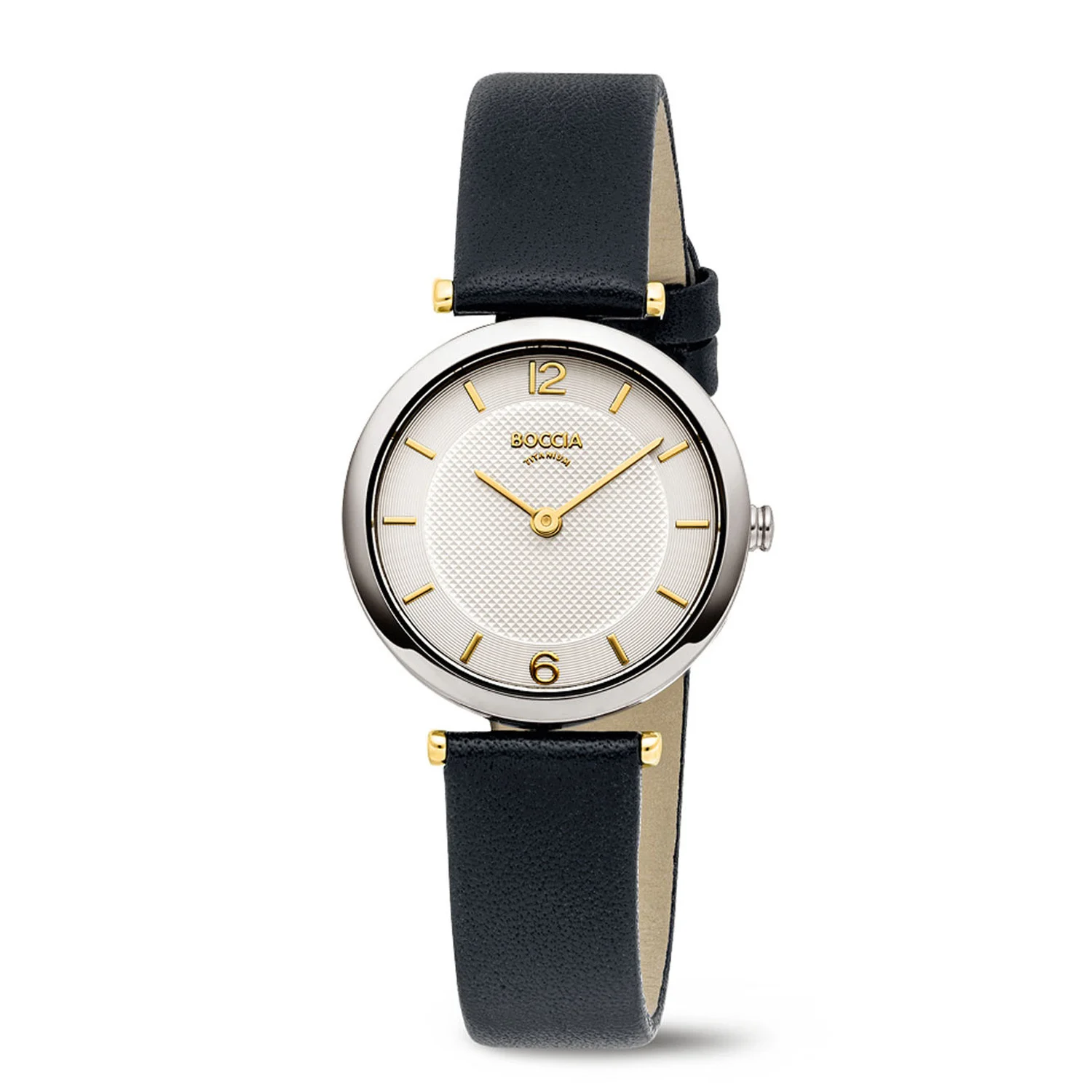 De 3362-01 heeft een ronde titanium horlogekast met een diameter van 30mm met een witte wijzerplaat met een goudkleurige uursaanduiding. Met een vaste aanzet aan de titanium kast zit een zwarte leren horlogeband met gespsluiting.