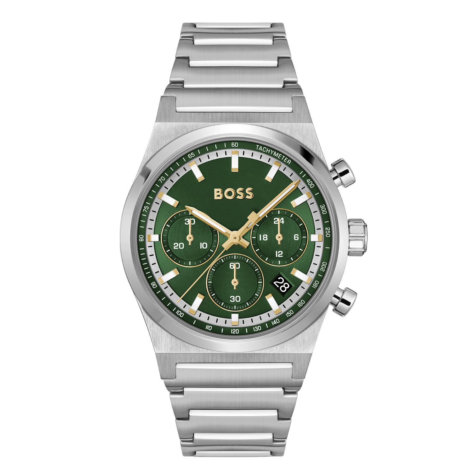 Het Boss Candor Chrono is een stijlvol zilverkleurig horloge, uitgerust met een nauwkeurig quartz uurwerk. De groene wijzerplaat wordt beschermd door hoogwaardig mineraalglas en de kast heeft een diameter van 41 mm. De horlogeband is gemaakt van roestvrij staal en heeft een breedte van 21 mm. Dit horloge is waterbestendig tot 5 ATM, wat betekent dat het bestand is tegen opspattend water en kortdurend onderdompelen. Het is de perfecte keuze voor elke dag, zowel in stijl als in functionaliteit!