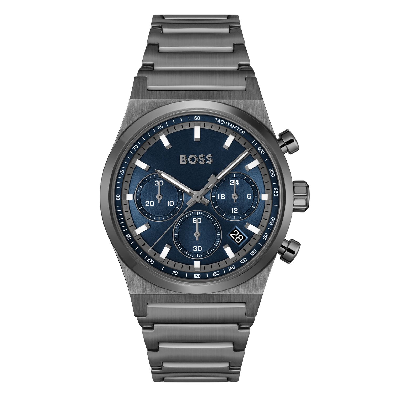 Het Boss Candor Chrono is een stijlvol horloge, uitgerust met een nauwkeurig quartz uurwerk. De blauwe wijzerplaat, in combinatie met de zwarte kast, wordt beschermd door hoogwaardig mineraalglas. De kast heeft een diameter van 41 mm en de horlogeband is gemaakt van roestvrij staal, met een breedte van 21 mm. Dit horloge is waterbestendig tot 5 ATM, wat betekent dat het bestand is tegen opspattend water en kortdurend onderdompelen.