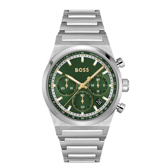 Dit Boss horloge behoort tot de Candor collectie.
Referentienummer: HB1514220

Dit Boss horloge is een elegant polshorloge die vakmanschap en stijl uitstraalt. Dit horloge heeft een stalen kast met een bijpassende stalen band, wat een tijdloze uitstraling geeft. De wijzerplaat is opvallend groen, voorzien van streepindexen en meerdere chronografische subdials voor extra functionaliteit. Draag dit horloge als een stijlvol accessoire bij zowel formele als casual outfits. 
