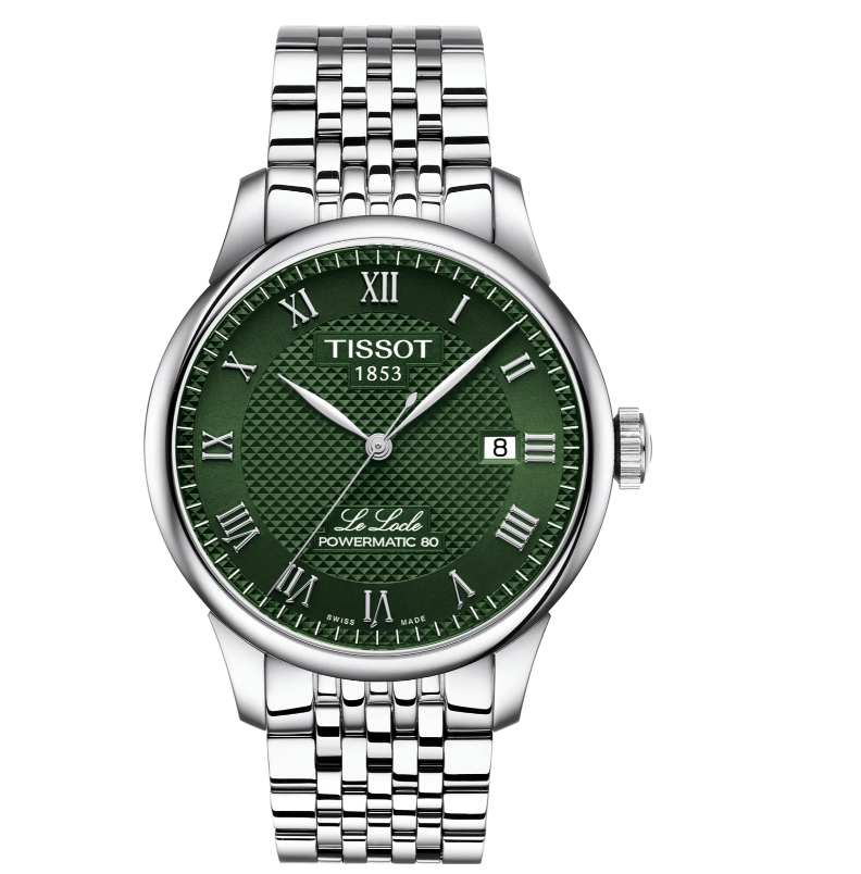 De Tissot Le Locle T0064071109300 is een verfijnd herenhorloge met een groene, analoge wijzerplaat en Romeinse cijfers. Het heeft een automatische Zwitserse beweging en een roestvrijstalen kast met saffierglas. Met zijn zilverkleurige metalen band is het waterbestendig tot 30 meter. Perfect voor formele gelegenheden en zakelijke bijeenkomsten. 