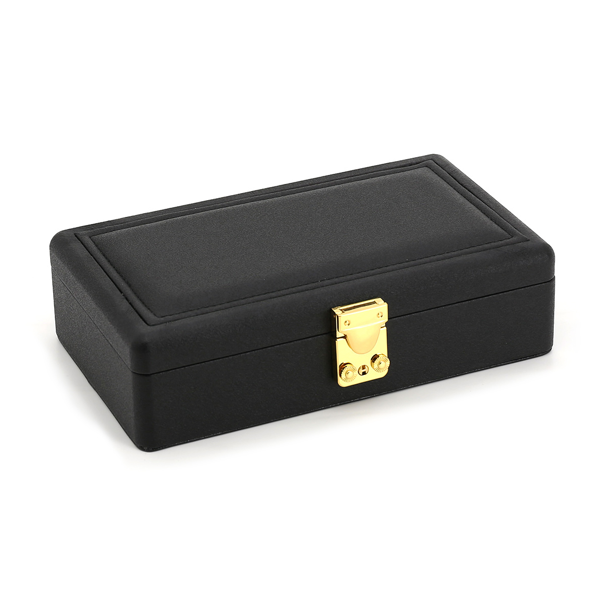 Luxe sieradenbox in de kleur zwart uitgevoerd met een goudkleurige sluiting en scharnieren. De binnenkant is voorzien van een hang gedeelte en verschillende vakjes. Een compacte box om verschillende sieraden in op te bergen.