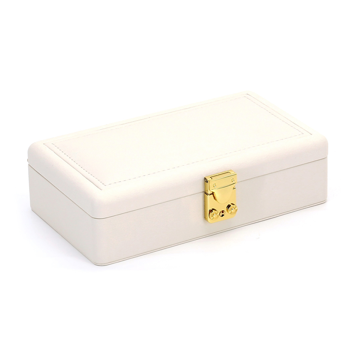 Luxe sieradenbox in de kleur beige uitgevoerd met een gele sluiting en scharnieren. De binnenkant is voorzien van een hang gedeelte en verschillende vakjes. Een compacte box om verschillende sieraden in op te bergen.