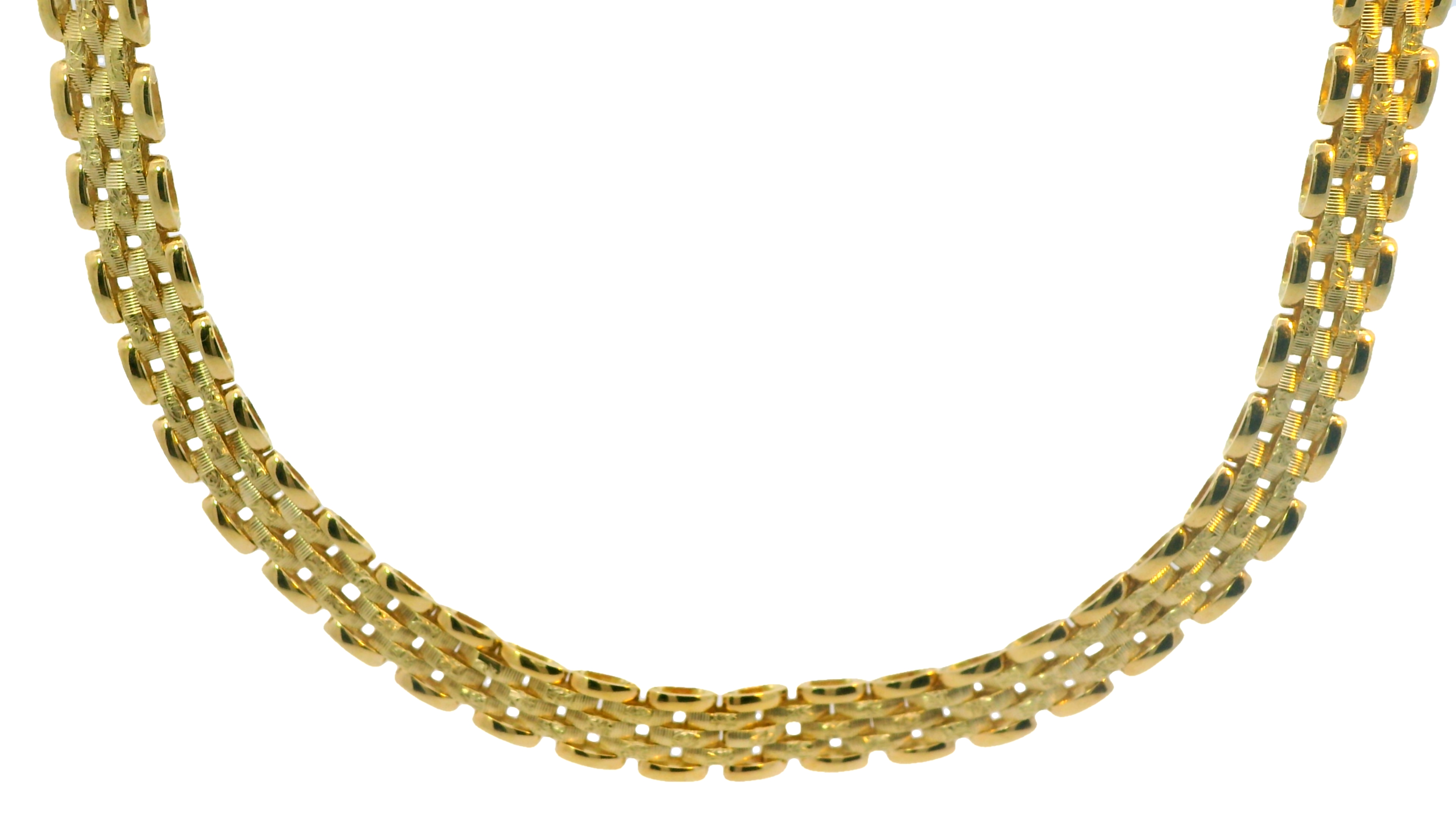 Dit collier van Louis Bros is vervaardigd uit 14 karaat geelgoud (21.43 gr.). Het collier heeft een lengte van 45 cm en een breedte van 6 mm. En een dikte van 1.80 mm .Deze collier is stijlvol, eenvoudig en gemakkelijk te combineren.