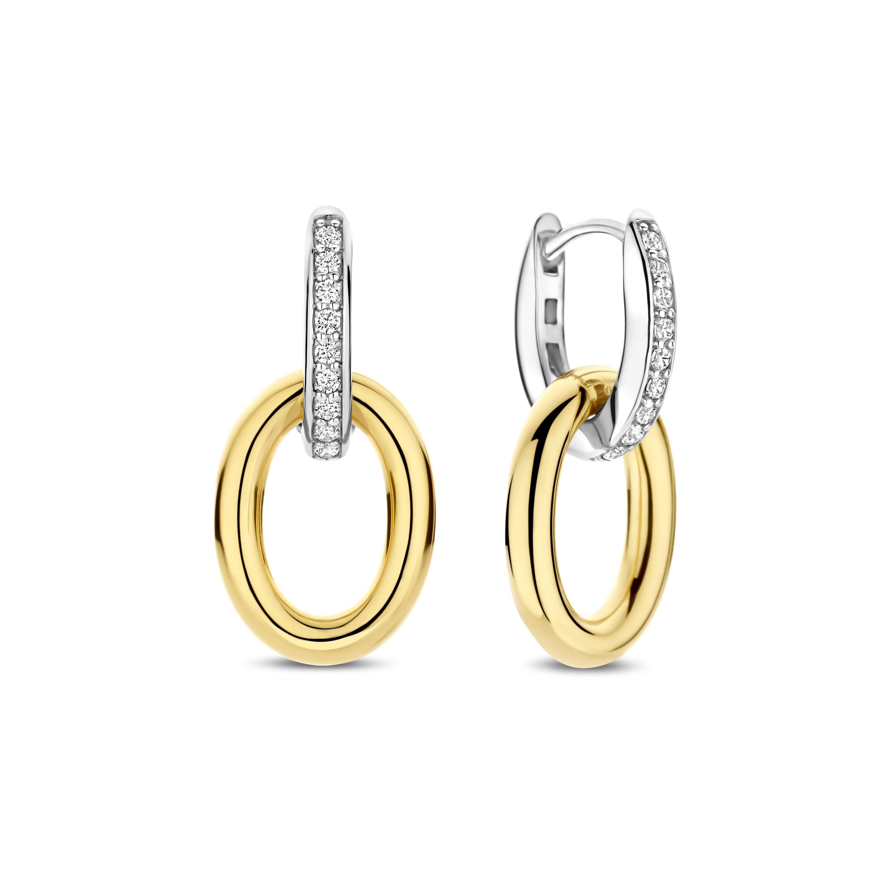 Ti Sento Milano - Zilveren klapcreolen met aanhanger, bicolor geel verguld / zilver, bezet met zirconia's - 78015ZY