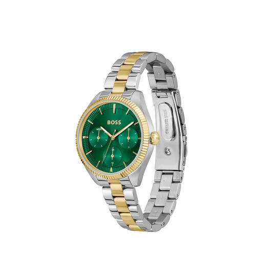 BOSS is voor degenen die een zelfbepaald leven leiden met stijl, passie en doel.

BOSS HB1502806 SAGE SPORT Dameshorloge 34mm
Dit BOSS horloge uit de SAGE SPORT serie met artikelnr: HB1502806 heeft een luxe uitstraling. Zeer geschikt voor de moderne stijlvolle vrouw van nu. Het dameshorloge valt op door zijn stalen horlogekast met een gekartelde goudkleurige bezel en een groene sunray wijzerplaat met een dag,- datum,- en 24-uursaanduiding. De wijzers en uurstrepen zijn fijn gefaceteerd. Aan de kast zit een stalen bicolor schakelband met een vouwsluiting. Het horloge heeft een doorsnee van 34mm een mineraalglas en is 3ATM. 

HET MERK:
HUGO BOSS is afgestemd op levensstijlen waar het gaat om kwaliteit en precisie. Het wereldwijde fashionlabel is verdeeld in twee merken: BOSS en HUGO. Het merk BOSS biedt geavanceerde, moderne horloges gericht op kwaliteit en design om een onberispelijke look te creëren – of het nu zakelijk, casual of sportief is. De horloge collectie van BOSS is perfect afgestemd op levensstijlen waar het gaat om kwaliteit en precisie. BOSS is op maat gemaakt in een onberispelijke stijl.

Blijf stijlvol bij de tijd. Voor de BOSS-vrouw is stijl het handelsmerk en draait alles om
details. Breng uw look naar een hoger niveau met onze nieuwe en kenmerkende horlogecollectie.

SPECIFICATIES:
- Mineraalglas
- Ronde kastvorm, Ø 34mm
- Stalen horlogekast
- Groene wijzerplaat
- Stalen bicolor schakelband
- 3ATM