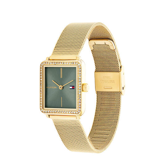 Tommy Hilfiger TH1782791 Horloge Dames Staal Zilverkleurig 21x24mm
Dit specifieke horloge van Tommy Hilfiger uit de Tea serie met artikelnr: TH1782791 is een luxe dameshorloge die niet in je collectie mag ontbreken. Het stalen dameshorloge heeft een rechthoekige goudkleurige kast met een bezel volgezet met kristallen en een groene sunray wijzerplaat met fijne wijzers en het Tommy logo. Aan de kast zit een goudkleurige milanese band met druksluiting. Het horloge heeft een mineraalglas, een afmeting van 21x24mm en is 3ATM.  

Het merk:
Sinds de lancering van het merk in 1985 is Tommy Hilfiger wereldwijd bekend geworden als pionier van de klassieke Amerikaanse coole stijl. Geïnspireerd door de iconische popcultuur en het Amerikaanse erfgoed. De dames en herencollectie van dit seizoen bestaan uit minimalistische silhouetten en rustieke lederen details. De herenhorlogecollectie biedt iconische uurwerken met roestvrijstalen, lederen en siliconen banden.

Specificaties:
- Mineraalglas
- Rechthoekige kast 21x24mm
- Goudkleurige horlogekast
- Groene wijzerplaat
- Goudkleurige milanese band 
- 3ATM