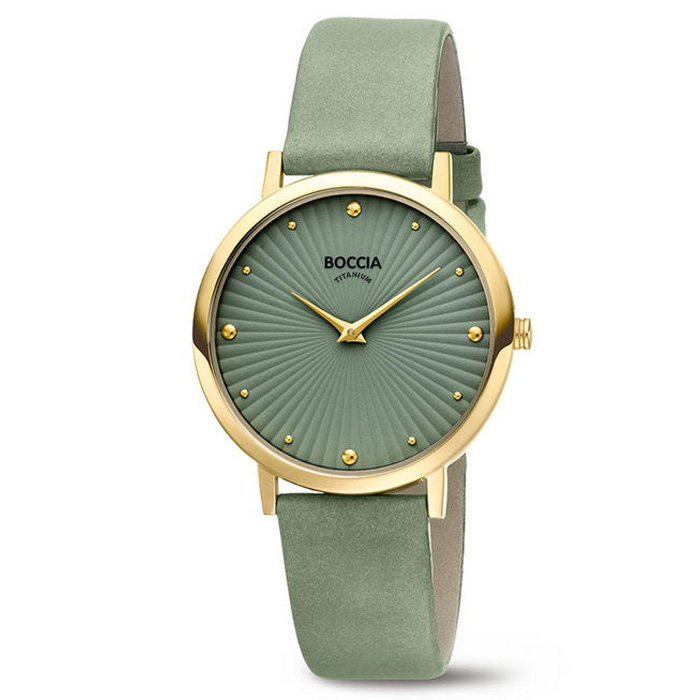 Boccia Titanium 3365-04 Dames 
Dit dameshorloge van Boccia heeft een klassieke uitstraling. De 3365-04 heeft een ronde goudkleurige titanium horlogekast met een diameter van 34mm met een groene bewerkte wijzerplaat met een fijne uursaanduiding. Aan de titanium kast zit een groene lerenband met een gespsluiting. Het horloge heeft een mineraalglas en is 5ATM. Of je nu klassiek of chique gekleed gaat, dit horloge past bij elke outfit en iedere gelegenheid!

HET MERK
Boccia Titanium is het titanium merk van Nederland, dat zijn oorsprong in Duitsland vindt en is opgericht in het jaar 1992. Ontwikkeld door internationale ontwerpers. Alle titanium componenten van de BOCCIA TITANIUM collectie zijn gemaakt van 99,7% puur titanium; het bijzondere materiaal. Het is licht in gewicht, neemt de temperatuur van de huid aan en is zeer huidvriendelijk. Bovendien is het corrosie- en temperatuurbestendig.

SPECIFICATIES
- Mineraalglas
- Ronde titanium horlogekast, Ø 34mm
- Groene lerenband
- Groene wijzerplaat 
- 5ATM