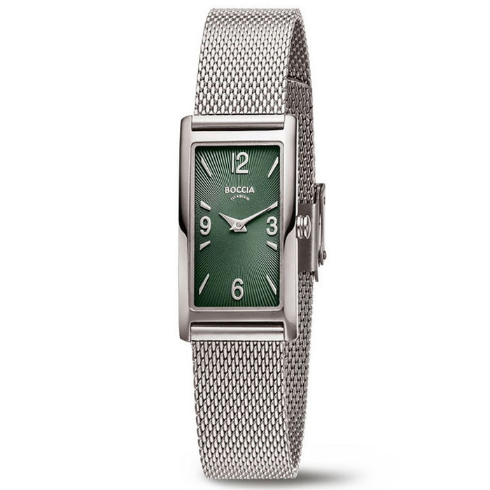 Boccia horloge 3366-01 Boccia rechthoekig dameshorloge titanium met stalen band