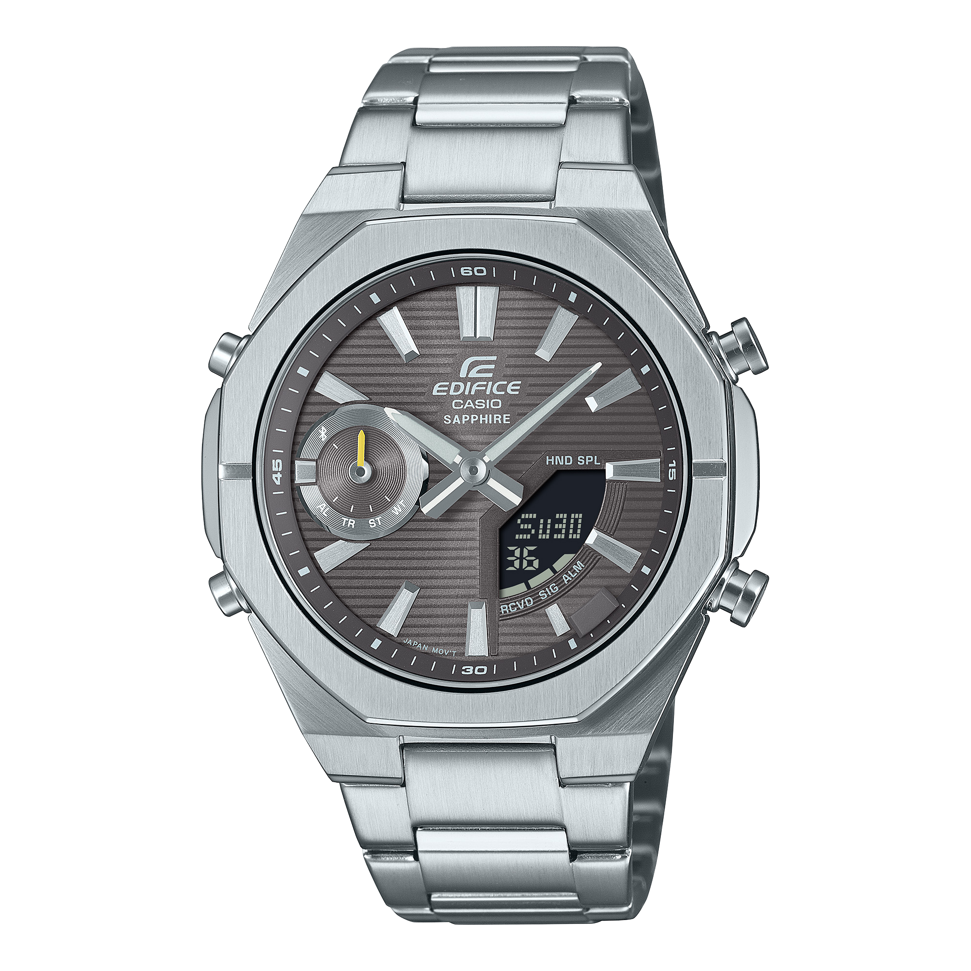 Dit Casio horloge behoort tot de Edifice collectie.
Referentienummer: ECB-S10D-8A

Werk hard en speel hard met een slanke, sportieve analoog-digitale combinatie EDIFICE die zowel zaken als plezier serieus neemt.

Deze uurwerken bieden lichtgewicht draagbaarheid en smartphoneconnectiviteit, allemaal in een afgeslankte behuizing van minder dan 10 mm die niet verstrikt raakt in de manchet van je overhemd.

Synchroniseer met je smartphone via Bluetooth® voor automatisch aangepaste precisietijdmeting. Gebruik de app om moeiteloos de wereldtijd te beheren, waar je ook naartoe reist. Of het nu voor zaken of plezier is, internationale reizen verlopen naadloos met automatische updates voor de lokale tijd en zomertijd. De app maakt ook het beheren van alarmen, tijden en andere functies eenvoudig en intuïtief.

De Super Illuminator verlicht de wijzers en het digitale display met LED's met hoge helderheid en saffierkristal beschermt tegen krassen voor een duidelijke en gemakkelijke aflezing.

Een slanke, echt comfortabele chronograaf die voldoet aan de hoge eisen die Casio-partnerraceteams stellen.

