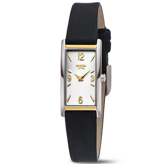 Boccia horloge 3366-02 Boccia rechthoekig dameshorloge titanium met leren band