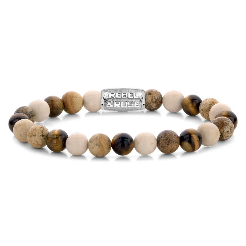 Trendy en stoere Rebel & Rose armband voor dames en heren in herfstkleuren uit de serie Stones Only. De RR-80063-S-L Rebel en Rose armband is gemaakt van 8 mm Tijgeroog, Lithographic, Fossil stenen en edelstaal. De armband heeft als eyecatcher het edelstalen Rebel & Rose logo. De lengte van de armband is 19 cm. Alle Rebel and Rose bracelets worden gemaakt van de beste materialen. Een Rebel & Rose armband is een stoere armband voor dames en heren en perfect te combineren met andere juwelen en diverse outfits.