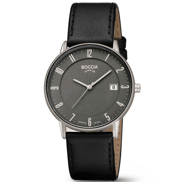 Boccia horloge 3607-05 herenhorloge titanium met donkere wijzerplaat en zwarte band