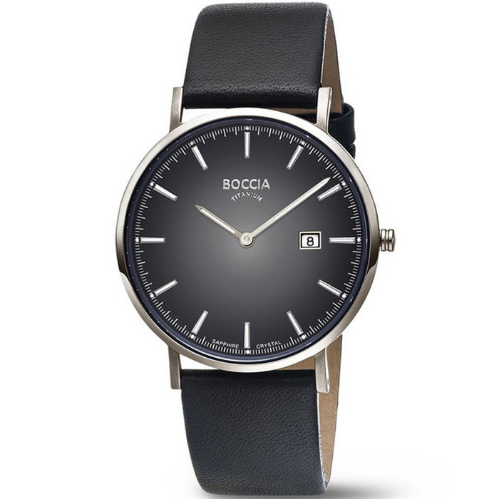 Boccia horloge 3648-04 herenhorloge titanium met donkergrijze wijzerplaat en zwarte leren band
