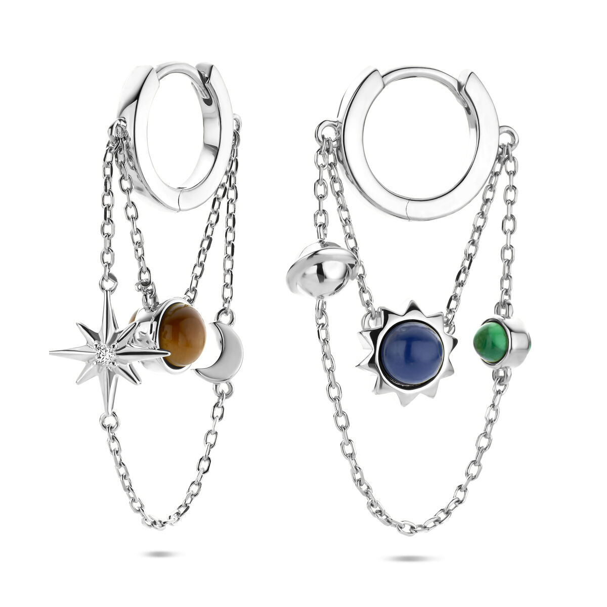Gerhodineerd 925 zilveren klapoorringen uitgevoerd met lapis, tijgeroog en malachiet. De klapoorringen hebben een totale hoogte van 37mm.