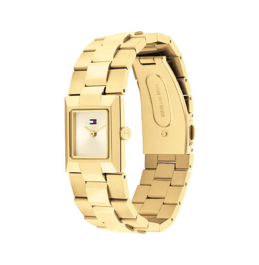 Tommy hilfiger horloge ivy goldplated van kleur. De kast heeft een doorsnede van 25 mm en het materiaal van het horloge is edelstaal. 