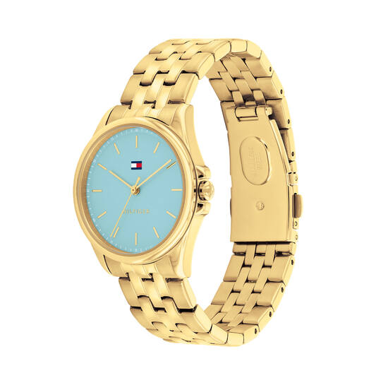 Tommy hilfiger horloge Jade met een lichtblauwe achterplaat. Het horloge heeft een doorsnee van 30 mm. 